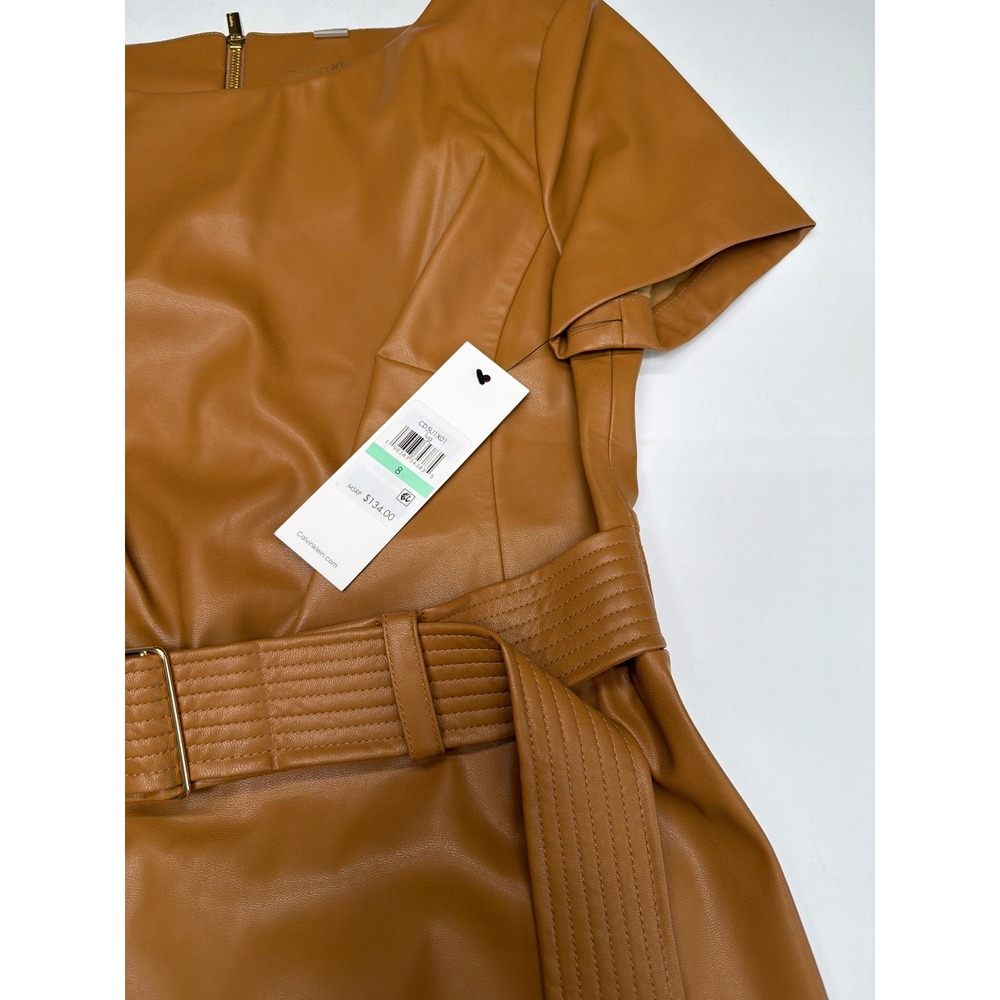 Calvin Klein Womens Faux Leather Belted Sheath‎ Dress Cognac Brown Size 8 - Picture 4 of 13